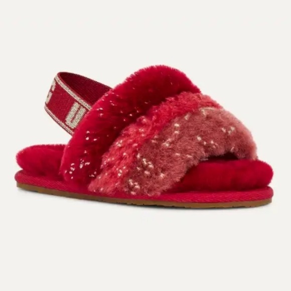 NEW UGG Baby Fluff Yeah Red Metallic Gold Sparkle Slippers size 2/3 US 6-12 Mth - Picture 1 of 8
